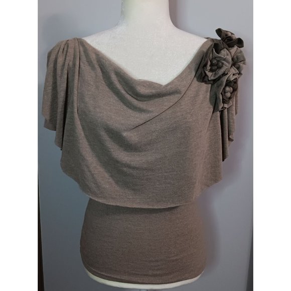 Flair Collection Small Tan Casual Business Going Out Boho Peasant Stretch Top - Picture 1 of 4
